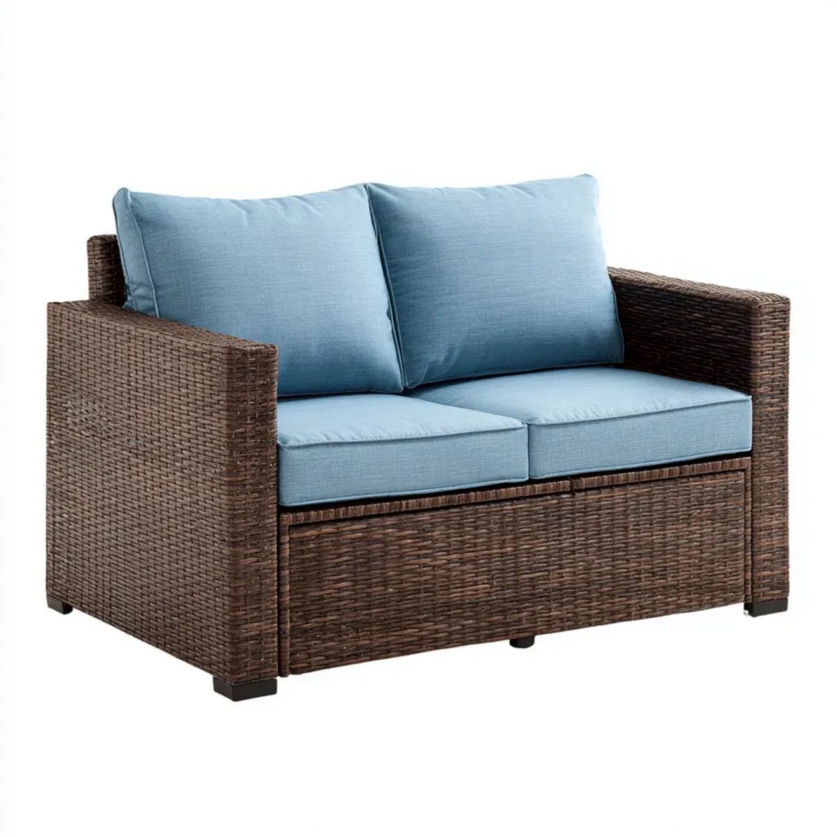 Dwuosobowa sofa ogrodowa z brązowego rattanu PE z niebieskimi poduszkami, 124 × 66 × 62 cm