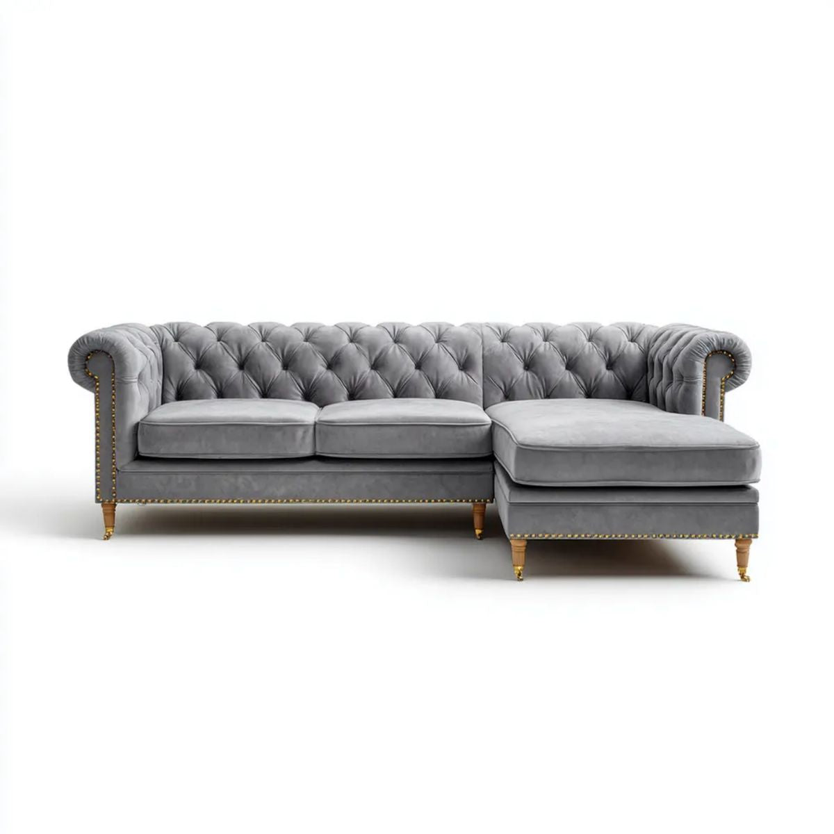 Prawostronna sofa narożna Chesterfield w kształcie L, szara, aksamitna, 280 x 170 x 75 cm