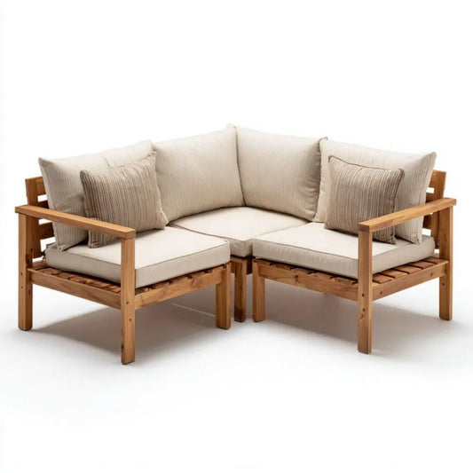 4-osobowa narożna sofa ogrodowa z drewna, beżowa z poduszkami, 160 × 160 × 70 cm, L