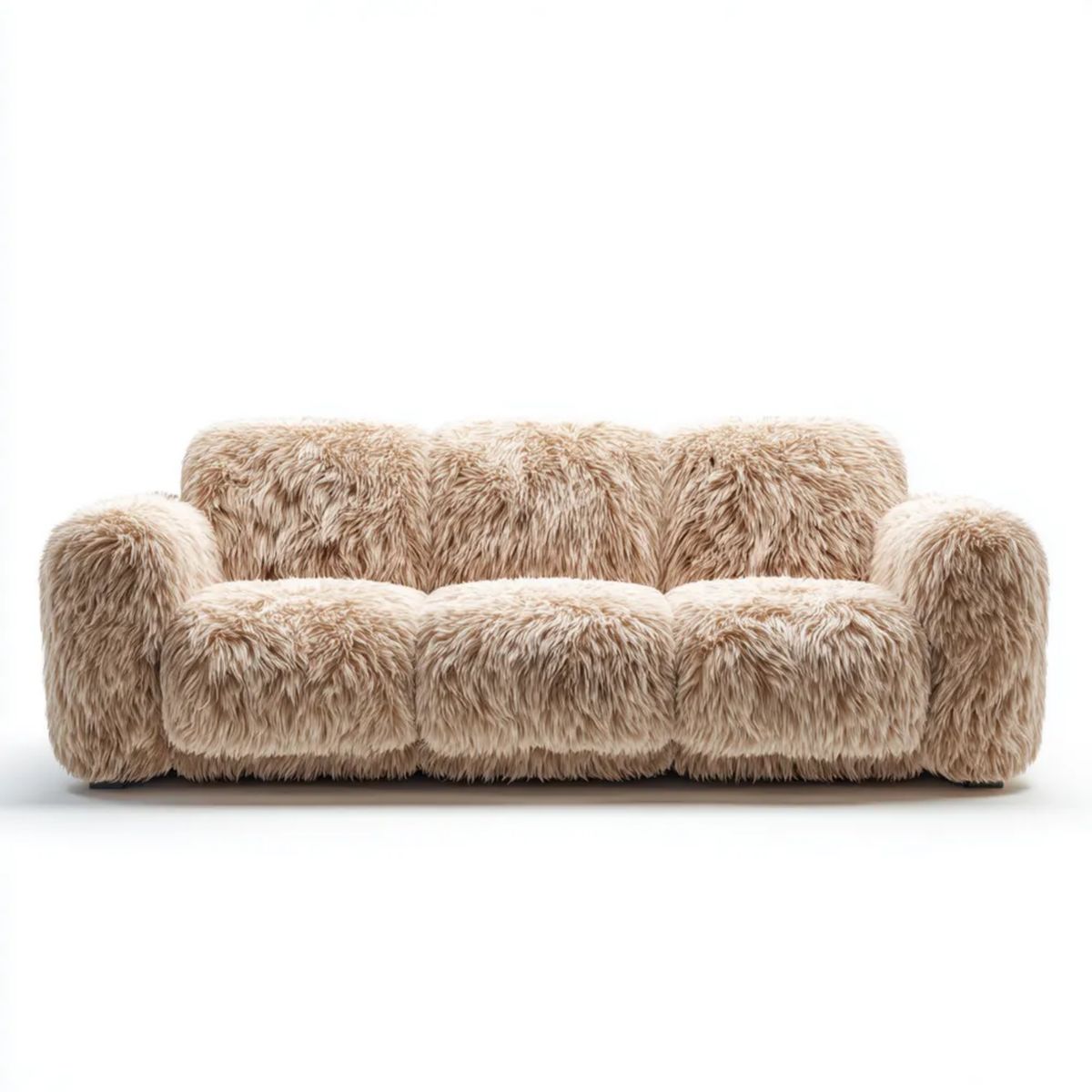 Trzyosobowa sofa beżowa z dzianiny poliestrowej o obłej formie, 220 × 95 × 78 cm