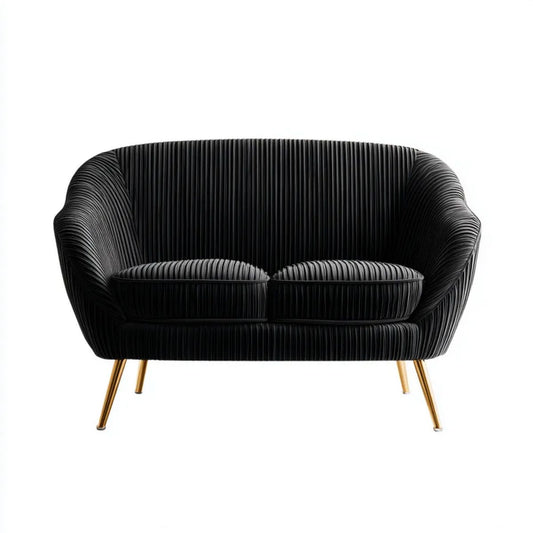 Czarna sofa dwuosobowa z tkaniny z złotymi metalowymi nogami, 130 x 78 x 80 cm